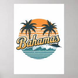 Poster Bahamas Retro Sunset Palm Trees Design