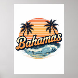 Poster Bahamas Retro Sunset Palm Trees Design