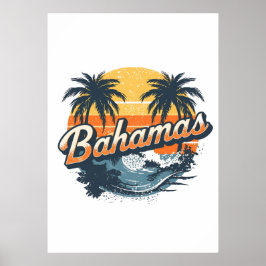 Poster Bahamas Retro Sunset Palm Trees Design