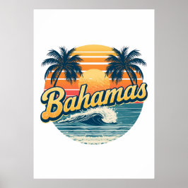 Poster Bahamas Retro Sunset Palm Trees Design