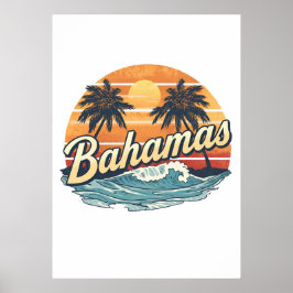 Poster Bahamas Retro Sunset Palm Trees Design