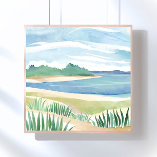 Poster Baía de Grama de Praia Oceano em Aquarela Costa