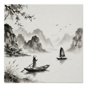 Pôster Baía de Ha Long Vietnã Paisagem a Tinta Nanquim