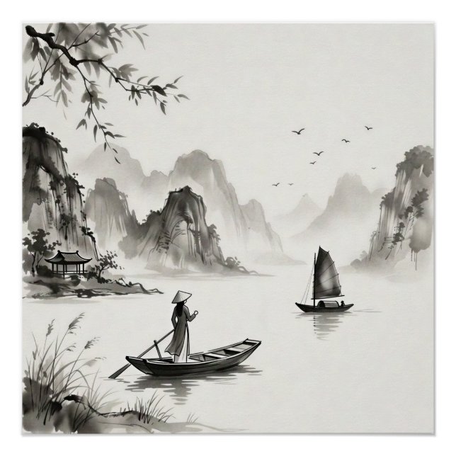 Pôster Baía de Ha Long Vietnã Paisagem a Tinta Nanquim (Frente)