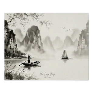 Pôster Baía de Ha Long Vietnã Paisagem a Tinta Nanquim