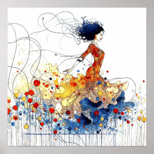 Poster Bailarina de Flamenco em Movimento Multicolorido F