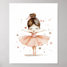Poster Bailarina Fofa Dança de Ballet Amor Corações Aquar