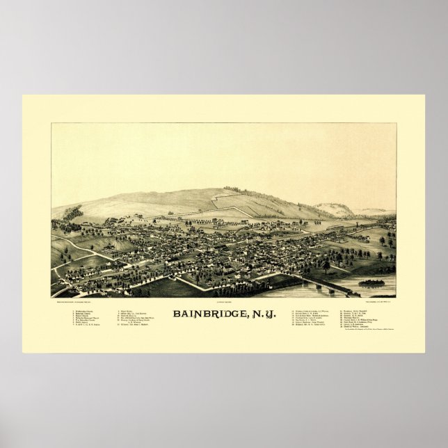 Poster Bainbridge, Mapa Panorâmico NY - 1889 (Frente)