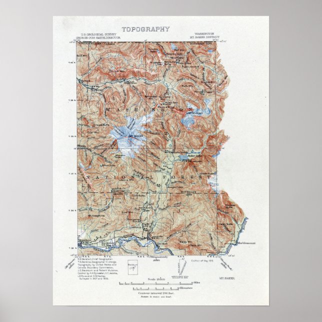Pôster Baker de Montagem de Mapa Topográfico da Vintage (Frente)