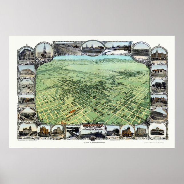 Pôster Bakersfield, Mapa Panorâmico da CA - 1901 (Frente)