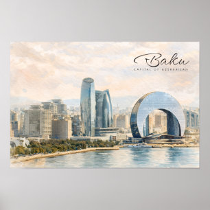 Poster Baku Azerbaijão Capital Aquarela Presente de Viage