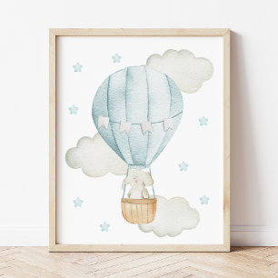 Poster Balão Azul de Ar Quente, Elefante, Estrelas, Berçá
