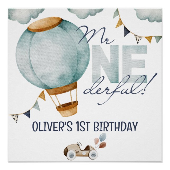 Pôster Balão de Ar Quente Azul de Aquecimento de Aquarela (Frente)