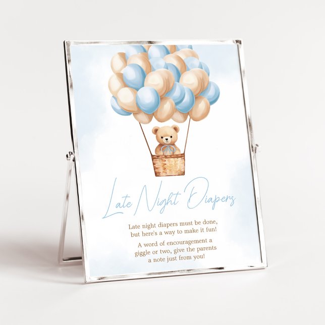 Poster Balão de Ar Quente Azul de Espera Azul Fraldas Not (Boy Baby Bear Balloons Baby Shower Late Night Diapers Sign)