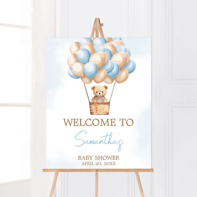 Poster Balão de Ar Quente Azul Esperado Boas-vindas (Boy Baby Bear Balloons Baby Shower Welcome Sign)