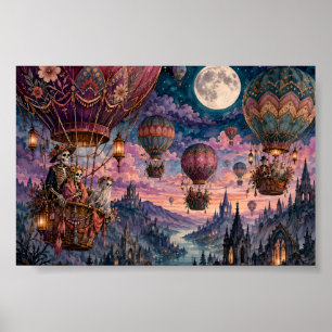 Poster Balão de Ar Quente Esqueleto Gótico Castelo Whimsi