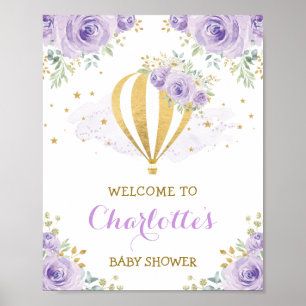 Poster Balão de Ar Quente Floral Dourado Roxo Bem-vindo B