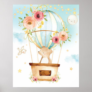 Poster Balão de Ar Quente Floral Urso Fofo Aventura Esper