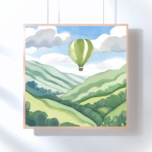Poster Balão de Ar Quente Paisagem em Aquarela Verde