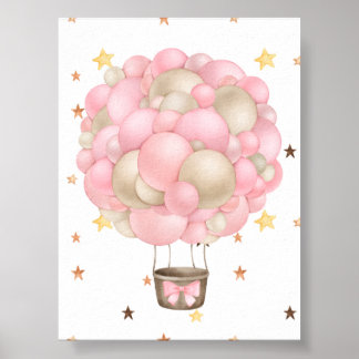 Poster Balão de Ar Quente Rosa e Dourado em Aquarela Impr