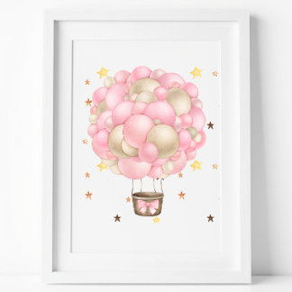 Poster Balão de Ar Quente Rosa e Dourado em Aquarela Impr