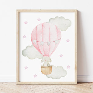 Poster Balão de Ar Quente Rosa, Elefante, Estrela, Berçár