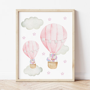 Poster Balão de Ar Quente Rosa, Unicórnio, Estrelas, Berç