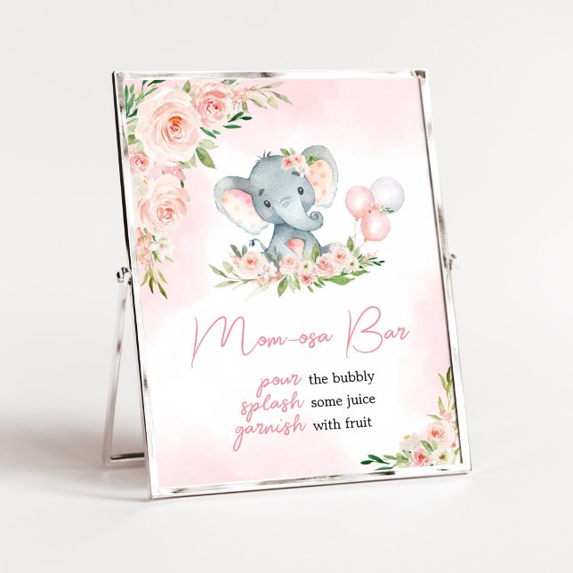 Poster Balão de Elefante Floral Rosa Mãe Bar Osa (Floral Balloon Elephant Baby Shower Mom Osa Bar Sign)