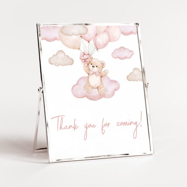 Poster Balão de Urso Bebê Rosa Obrigado por vir (Pink Baby Bear Balloon Baby Shower Thank you for Coming Sign)