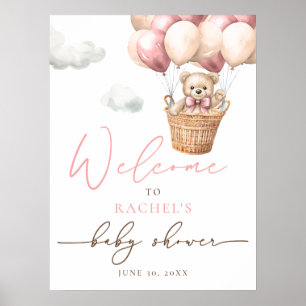 Poster Balão de Urso de Teddy Chá de fraldas Rosa Bem-V