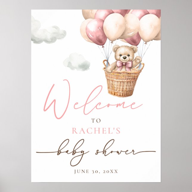 Poster Balão de Urso de Teddy | Chá de fraldas Rosa Bem-V (Frente)