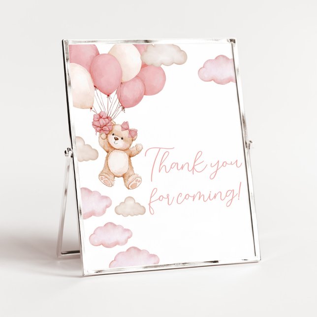 Poster Balão de Urso Rosa Esperando Obrigado por vir (Pink Baby Bear Balloon Baby Shower Thank you for Coming Sign)