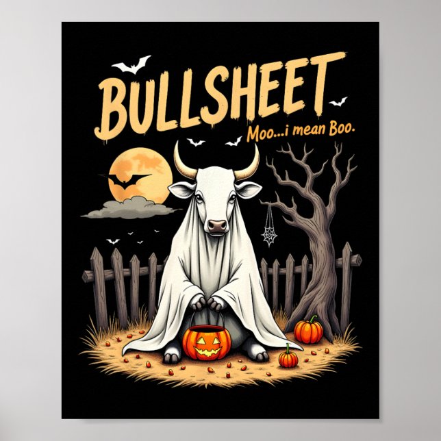 Poster Balão de Vaca Fantasma Trocadilho De Halloween Com (Frente)
