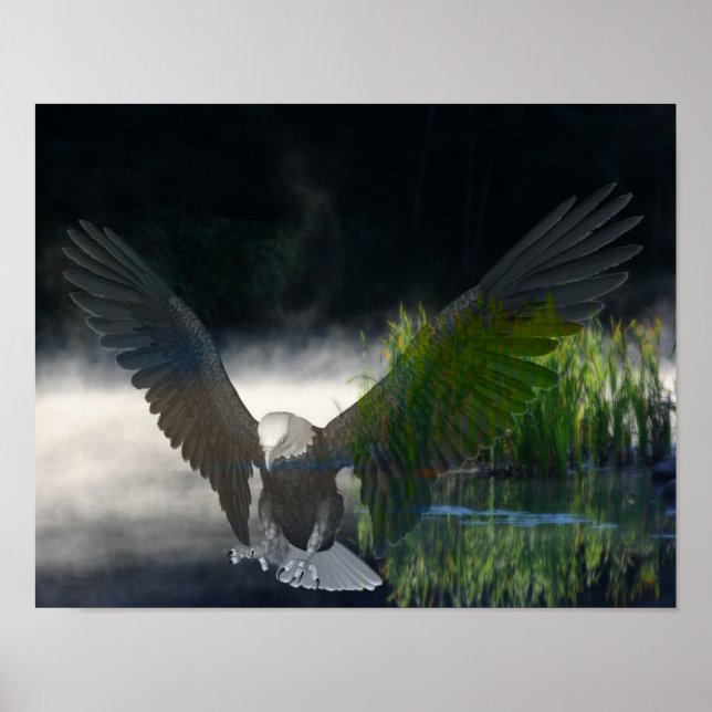 Pôster Bald Eagle Cattails Mist Pond Fantasy Art (Frente)