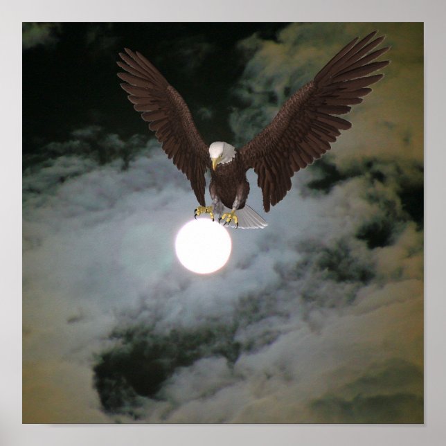 Pôster Bald Eagle Full Moon Night Fantasy (Frente)