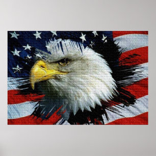 Poster Bald Eagle head with a American flag behind him