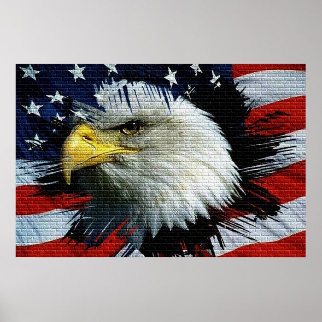 Poster Bald Eagle head with a American flag behind him (Frente)