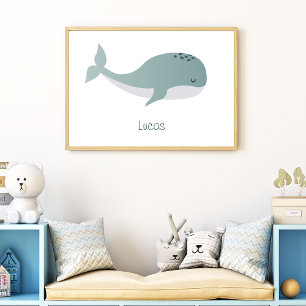 Poster Baleia Azul Fofa com Nome Personalizado Criança Pe