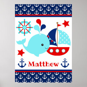 Poster Baleia Azul Náutica Fofa e Padrão de Âncoras