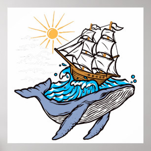 Poster Baleia Azul Navio à Vela Onda Sol