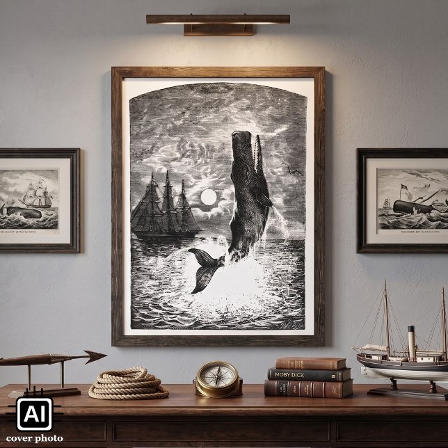 Pôster Baleia Cachalote Vintage Emergindo, Animais da Vid (Vintage illustration Victorian Era black and white sperm whale breaching during a full moon.)