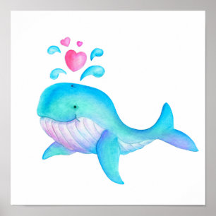 Poster Baleia caprichosa coração espirrando arte infantil