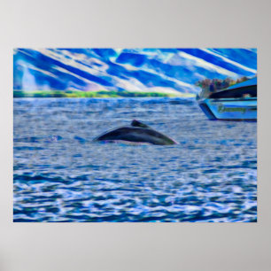 Poster Baleia vendo barco no Oceano Azul