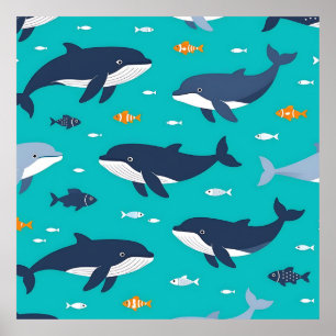 Poster Baleias Golfinhos Padrão Oceano