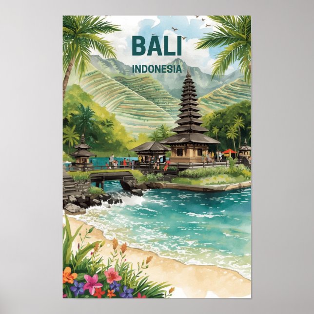 Poster Bali Indonésia Aquarela Viagem Tropical (Frente)