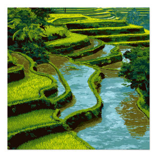 Pôster Bali Indonésia Terraces de Arroz Verdes Viagem Vin