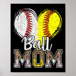 Poster Ball Mãe Coração Baseball Mama de Softball Mãe Mãe