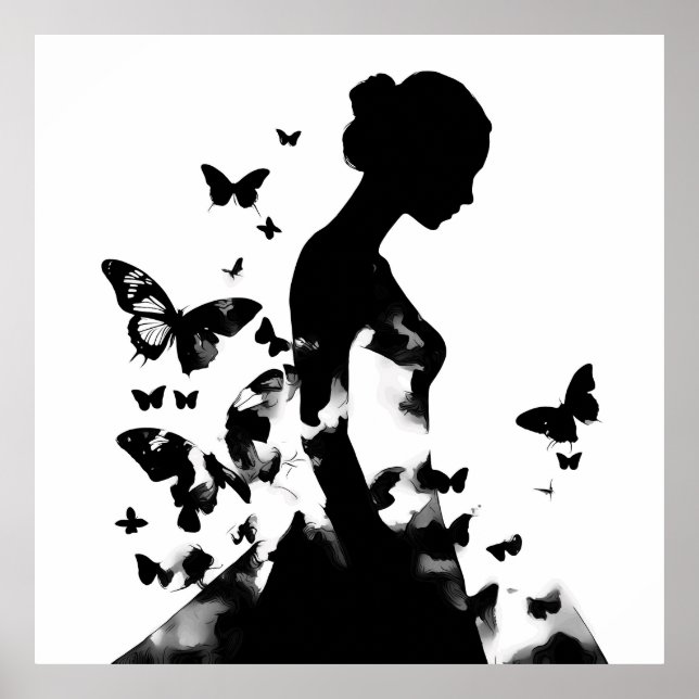 Poster Ballerina & Butterflies Silhouter Preto & Branco (Frente)