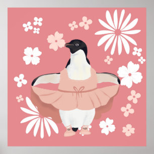 Poster Ballerina Penguin Whimsical Com Flores Rosa