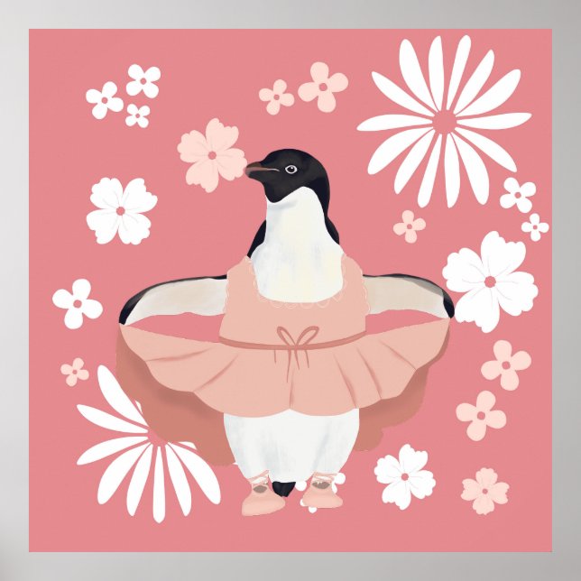 Poster Ballerina Penguin Whimsical Com Flores Rosa (Frente)